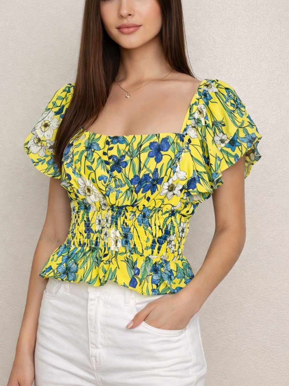 Bebe Yellow Floral Smocked Top Ruffle Sleeve Peplum Casual Feminine Blouse XS